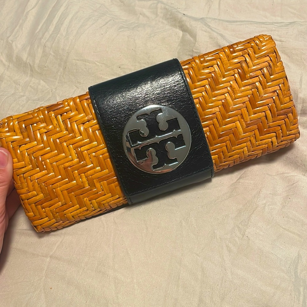 Tory Burch rattan woven clutch